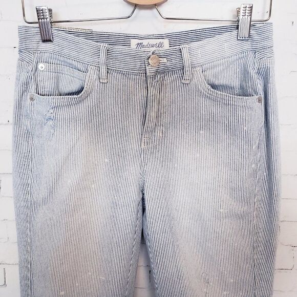 Madewell Hickory Stripe Jeans Size 25 Blue White Distressed Slim Straight - Picture 1 of 12
